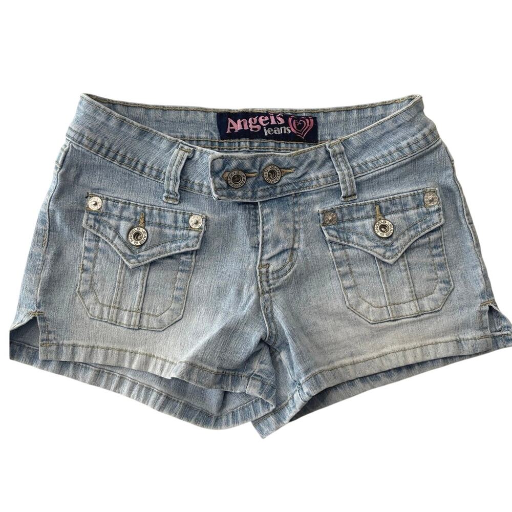 Y2K Angels low rise micro mini shorts sz 1 blue denim retro cargo light washed